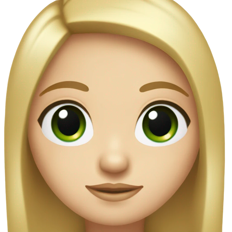 round cute face, rosy cheeks, fair skin, dark green eyes, thick black eyelashes, small nose, long hair, hair color dark blonde. emoji