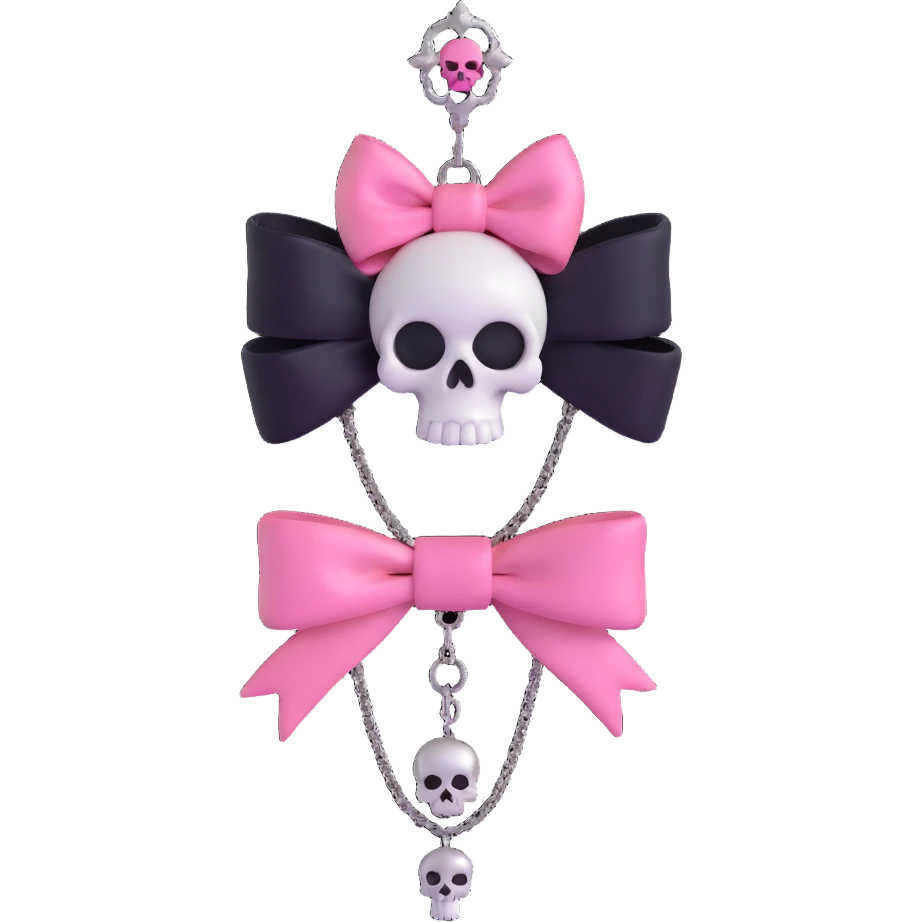 3D emoji style pink bow with gothic effect, black satin overlay, silver chain fringe, and a tiny skull brooch emoji