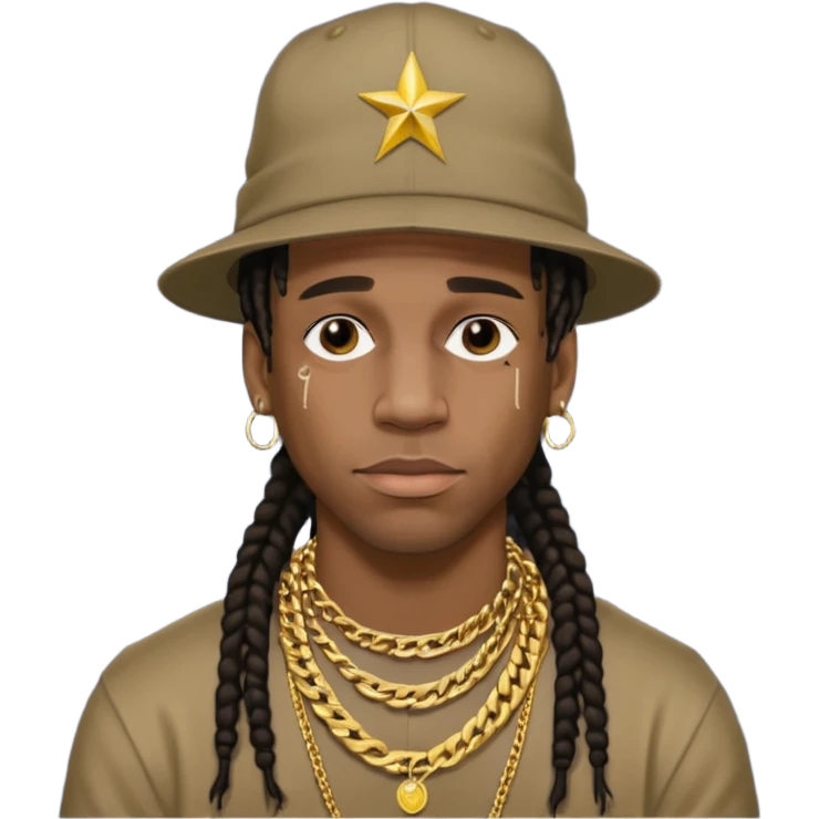 Travis Scott with gold chain necklace, wearing hat, dreadlock hair  emoji