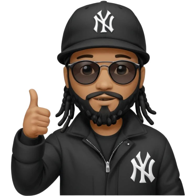 African American man with shoulder length black dreadlocks with black beard wearing  dark black sunglasses with a black bubble winter coat wearing a New York Yankees baseball cap giving the thumbs up emoji