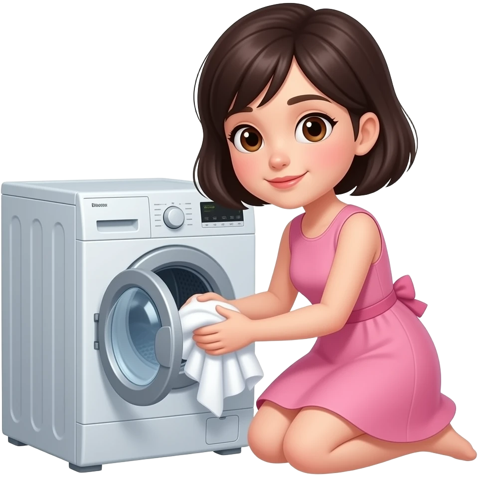 chica de cabello oscuro y corto, con ojos color cafe, con vestido color rosa, lavando la ropa en lavadora emoji