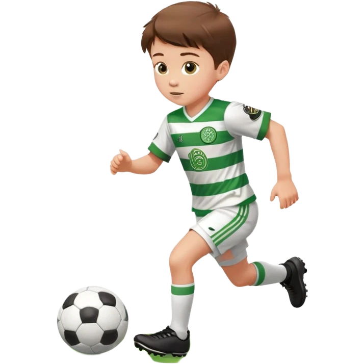 Celtic footballer jersey logo  6 years old brown hair white boy , brown eyes , stripes uniform , RUNNING  with soccer ball is number  17 celtic football logo  ONE CELTIC LOGO ONLY white shorts emoji