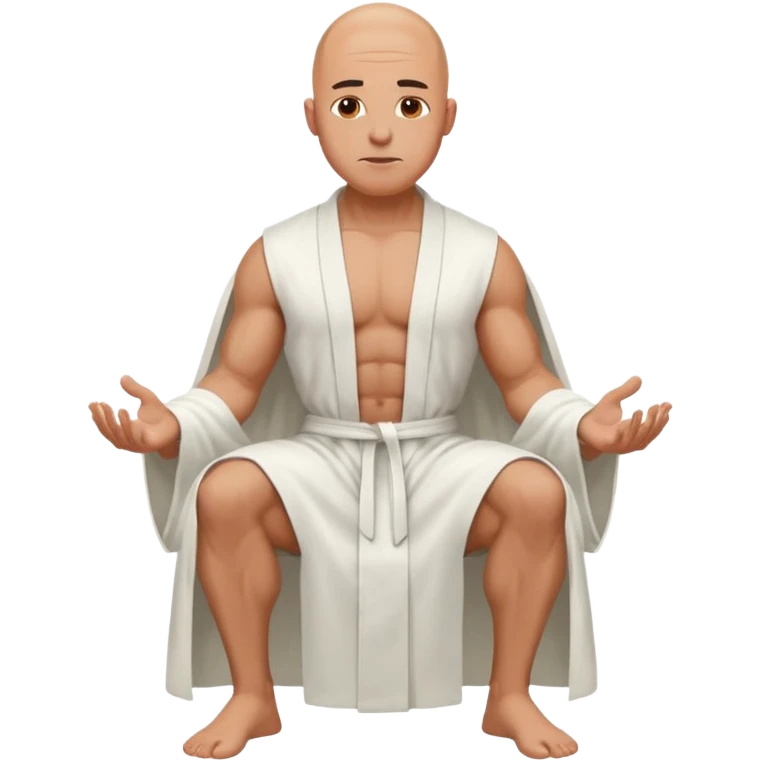 fullbody jacked bald guy, sleeveless and unbuttoned in full white robe sitting without chair and hands down emoji