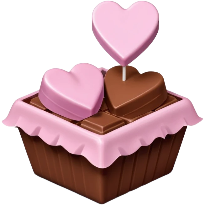 Two square milk chocolate , Each praline is a sharp-edged cube with smooth glossy chocolate coating, placed in a small white fluted paper candy cup. On top of each cube is a flat pastel pink heart-shaped icing emoji