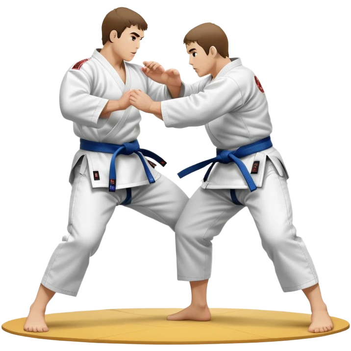 Two judo practitioners in traditional gi, one executing a powerful throw while the other is countering with a defensive move. The background features a judo mat and a focused dojo atmosphere. Transparent background highlights the precision and technique of judo. emoji