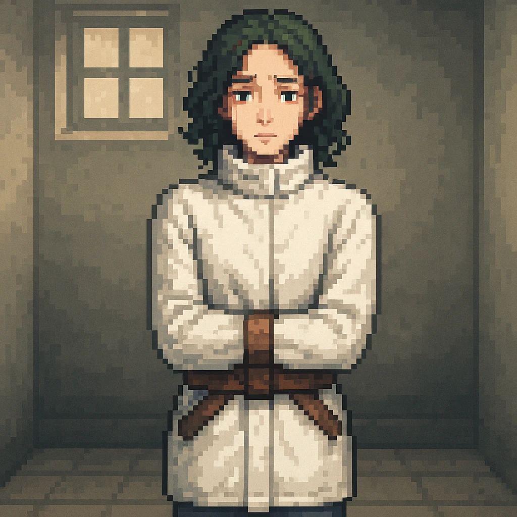 Add a simple room background to the woman in a straitjacket in pixel art style. Use the general style editor to emulate pixel art style with blocky pixels and limited color palette. emoji