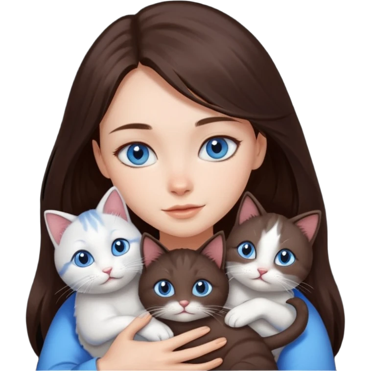 a pretty girl with long dark 
brown hair, with blue eyes, hugs 3 different natural coloured small cats emoji