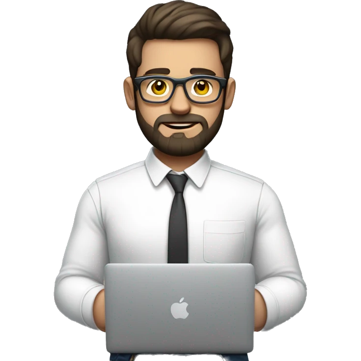 Emoji man with beard holding macbook in hands wearing transparent glasses and shirt, profession - graphic designer. Features: white skin, weight 100 kg, dark hair, age 21 years, earring in left ear emoji