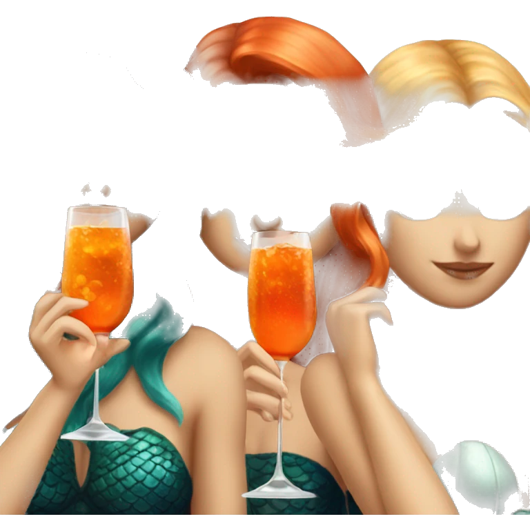 Three beautiful mermaids (one blond, one brown and one red hair) drinking aperol emoji
