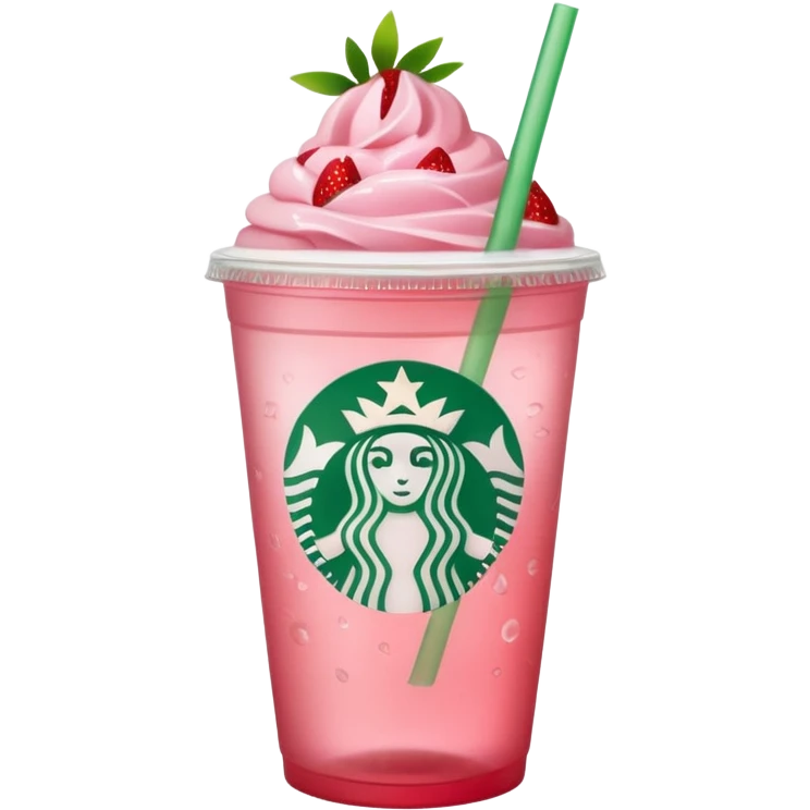 Starbucks cup filled with pastel pink beverage and floating strawberry slices, green straw emoji