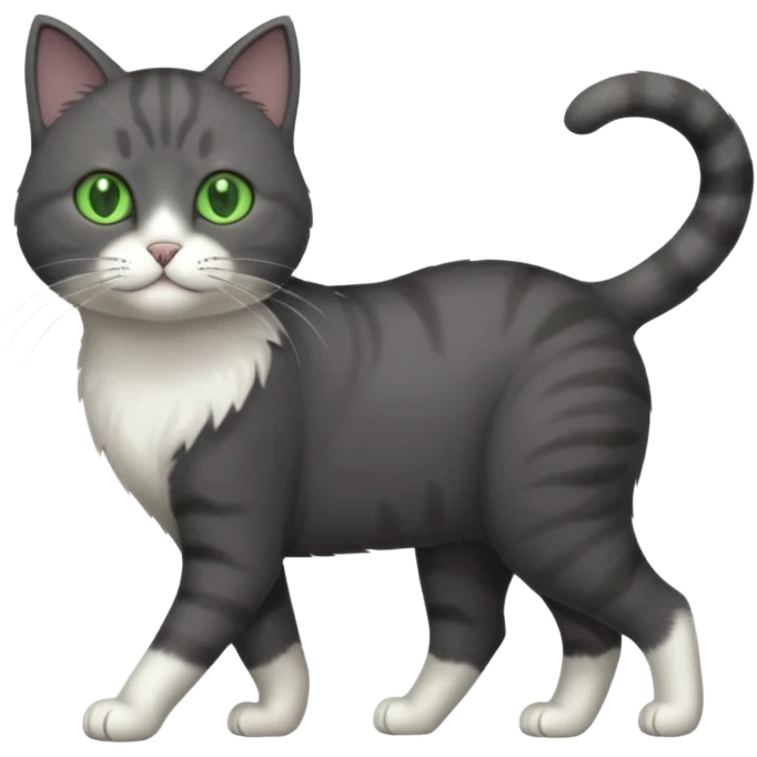 full body solid dark grey cat with green eyes, white paws and white whiskers walking emoji