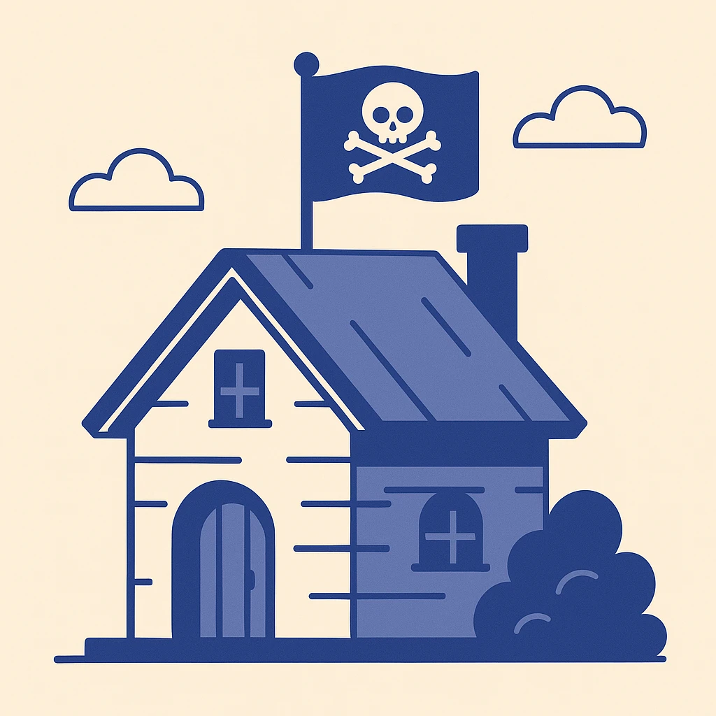 old pirate's house with skull flag emoji
