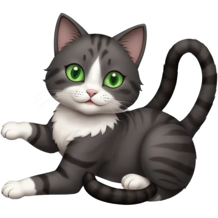 beautiful female solid dark grey cat with green eyes, white toes/paws and white patch on her chest rolling upside down emoji