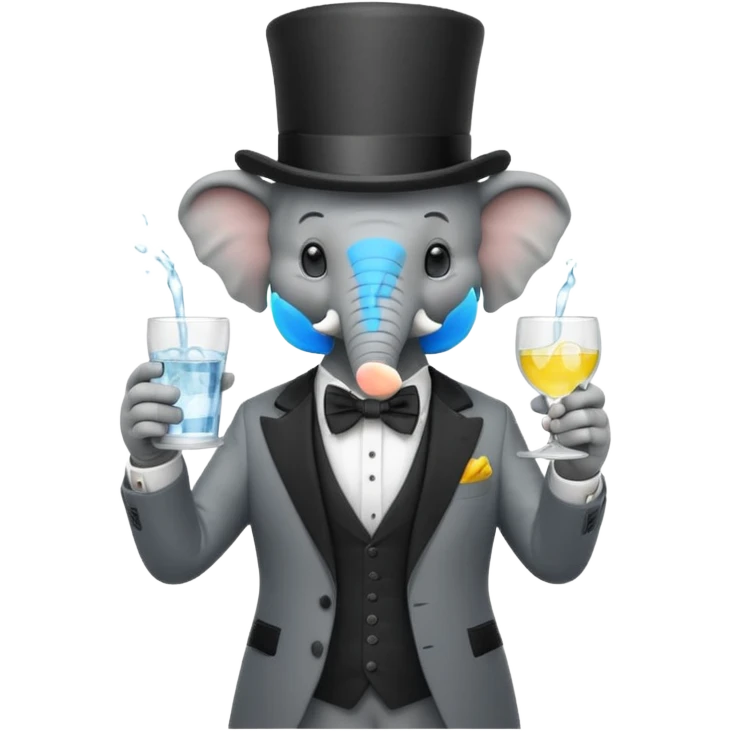 elephant wearing suit, bowtie and top hat, holding glass of water emoji