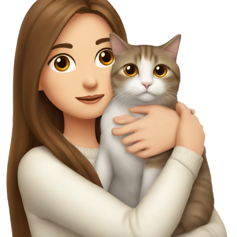 a girl with long brown hair, in a white sweater, hugs a Scottish fold cat. emoji