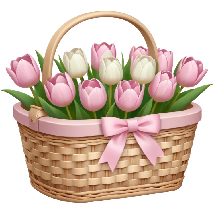 A white Picnic basket with light pink bow, white peonie, tulips emoji