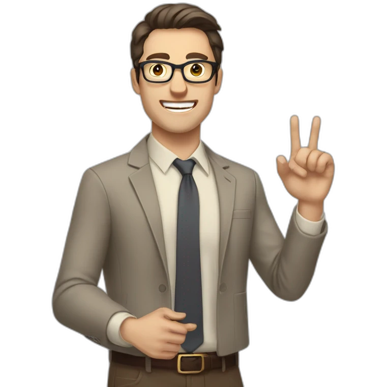 To belt Actively gesturing with hands Pale skinned fit man with dark brown hair in gray jacket, beige office shirt, brown tie, brown pants and vintage glasses. emoji