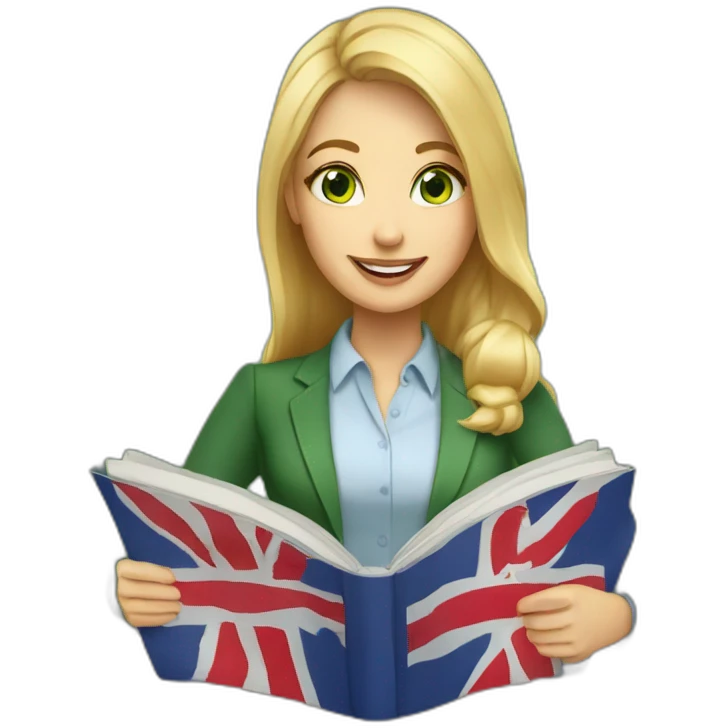 English teacher female with blonde hair and green eyes. with English book with usa flags emoji