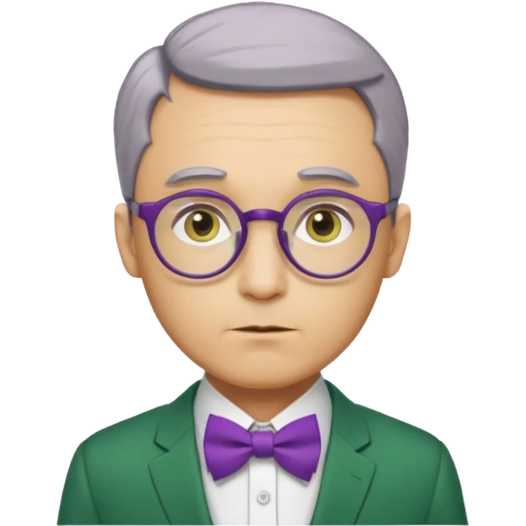 yellow-skinned man with neatly parted brown-gray hair, thick rectangular eyebrows, large round eyes behind thin glasses, a pointed nose, and a green suit with a white collar and purple bow tie. emoji