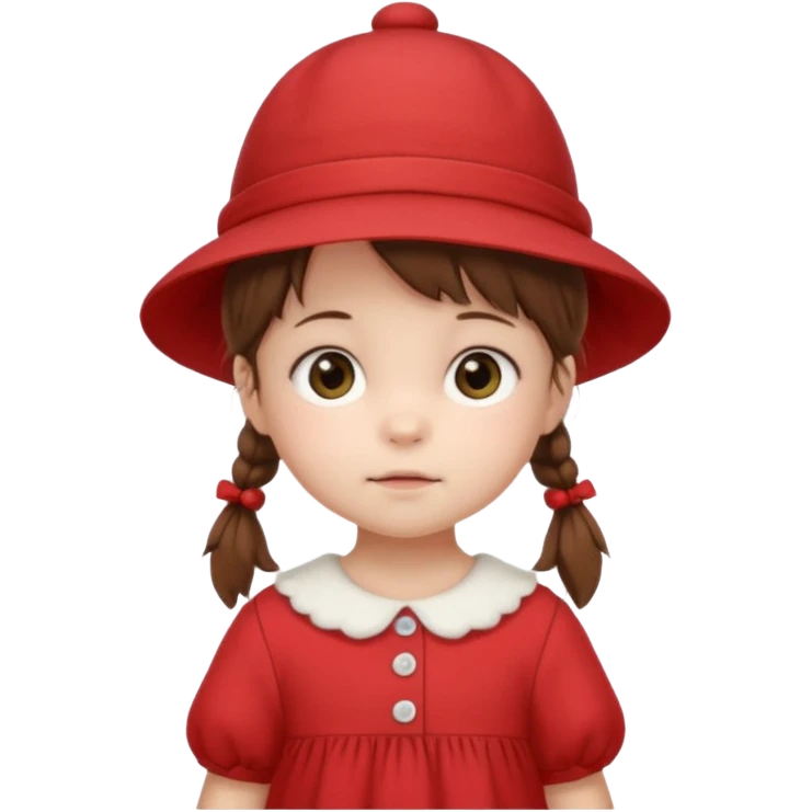 baby girl with brown hair and pigtails with a hat and red dress like My Neighbor Totoro movie emoji