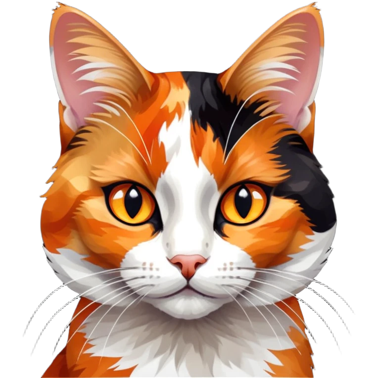 cinematic-noble-calico-cat-portrait-emoji,-poised-and-regal,-with-a-striking-patchwork-fur-in-vibrant-orange,-black,-and-white-hues premoninantly black,-delicate-whiskers-and-a-refined,-relaxed-gaze,-simplified-yet-exquisitely-detailed,-glowing emoji