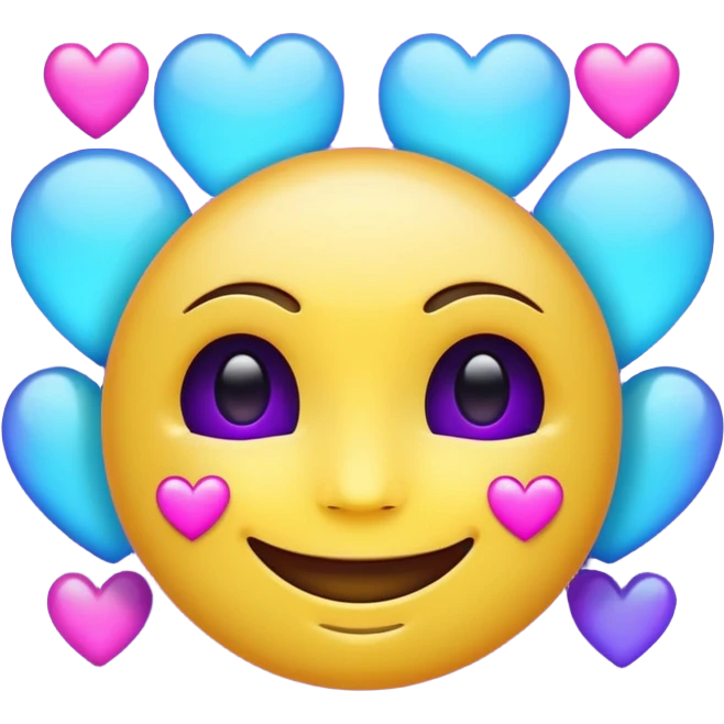 Futuristic glowing smiling face emoji with neon hearts instead of eyes, purple and blue holographic light, dark background emoji
