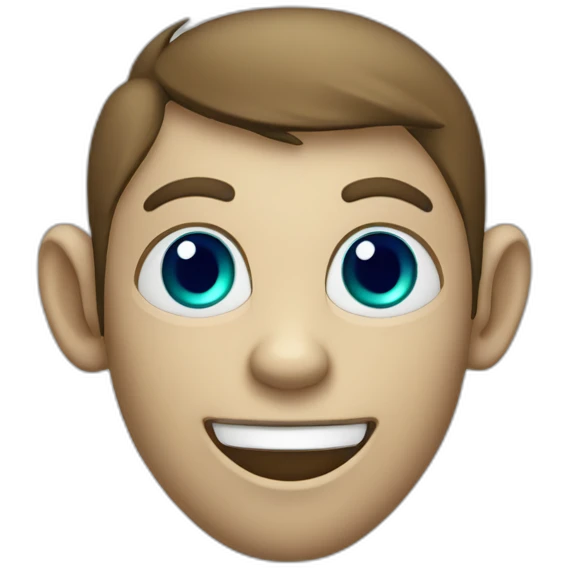 Blue circle head with green iris eyes and blue monkey ears and smile emoji
