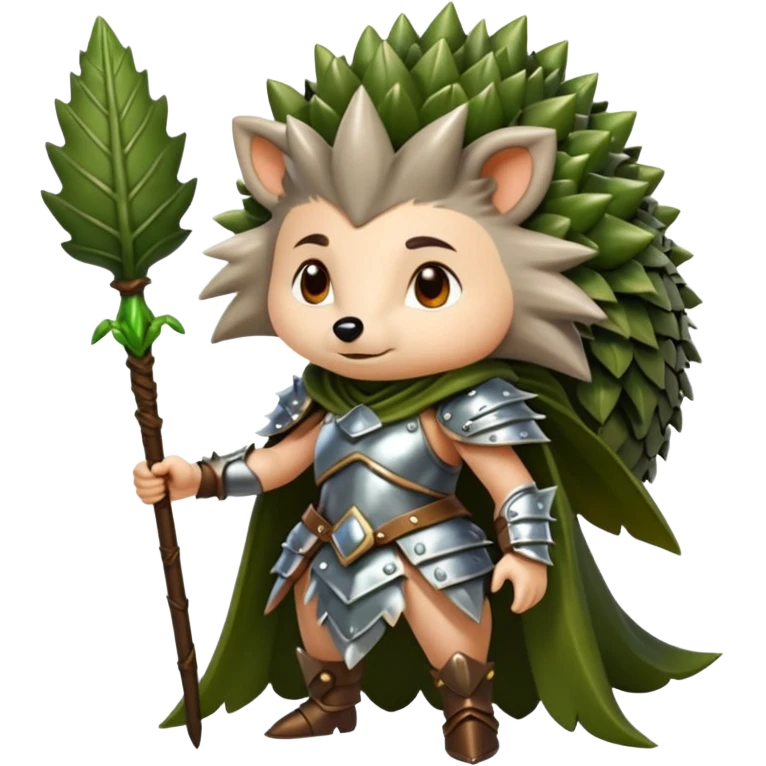moss witch woman dressed as hedgehog guardian, thorny leaf armor emoji