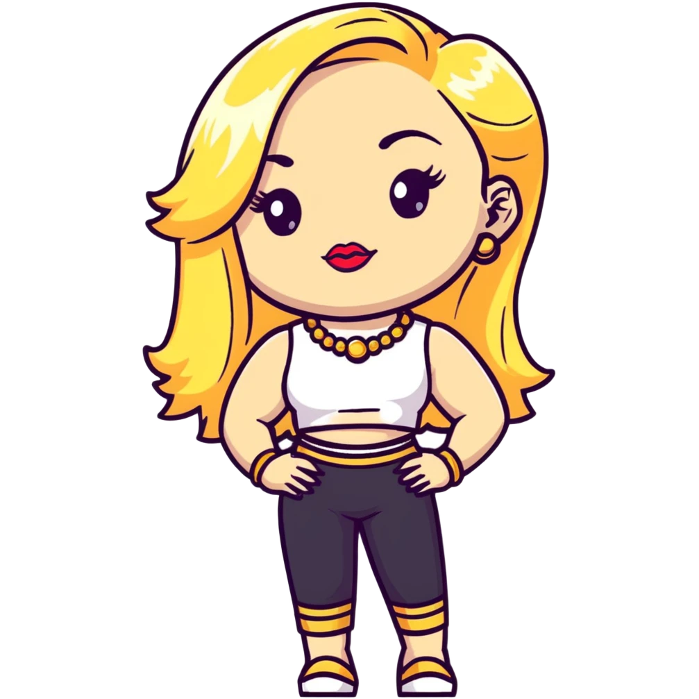 Full body white teenage girl with blonde hair, heavy makeup, big lips, crop top, gold jewelry and flashy choni style outfit emoji