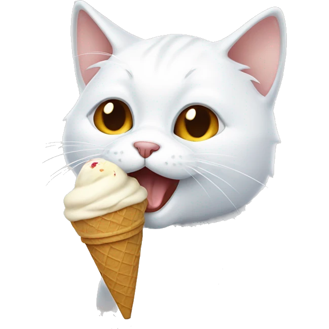 A white cat with brown patches eating an ice cream emoji