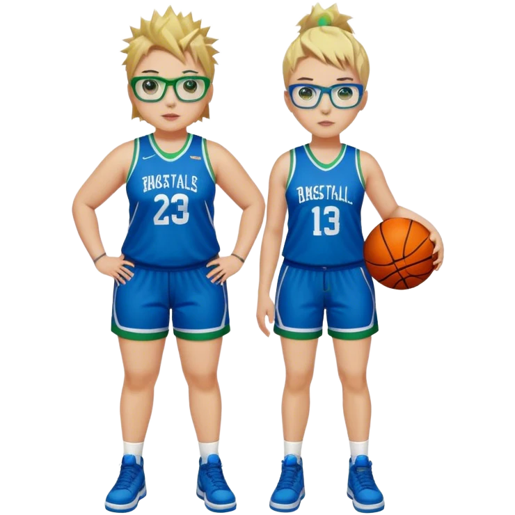 Full Body white plus size Girl with basketball spikey short brown and blonde hair  wearing blue glasses with green eyes wearing blue and green basketball uniform emoji