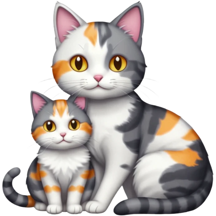 full body dark grey and white cat cuddling a colourful light patched calico + white tabby cat  emoji