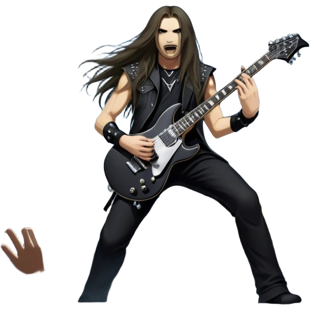 Icon for Heavy Metal: a metal band on stage, with electric guitars, drums, and a powerful vocalist. The atmosphere is intense with flashing lights, music notes, and a crowd of fans. The design should capture the energy and power of a live heavy metal performance. Transparent background. emoji