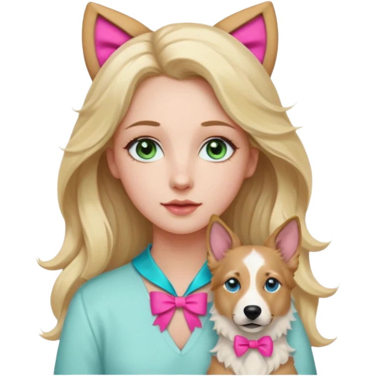 A white Long Wave blonde Hair Woman with blue-green eyes with a Brown eyed White Shepard with a little bit beige in then end of the ears and a lneom Link bow in neck in a lovely pose emoji