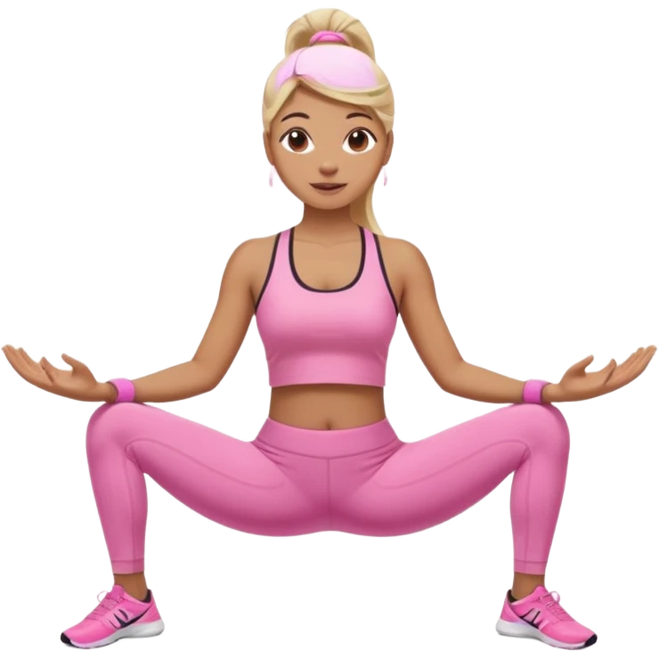 Mujer color de piel moreno claro con cabello rubio suelto y lacio, que tenga gloss en los labios y se vea usando Blush rosita, usando un top rosa deportivo y leggins deportivo rosa en una pose de yoga, viendo hacia enfrente con ojos negros y sonriendo sin mostrar los dientes emoji
