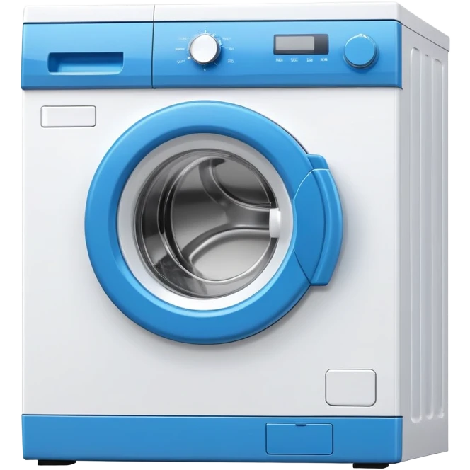 white washing machine with blue door and control panel emoji