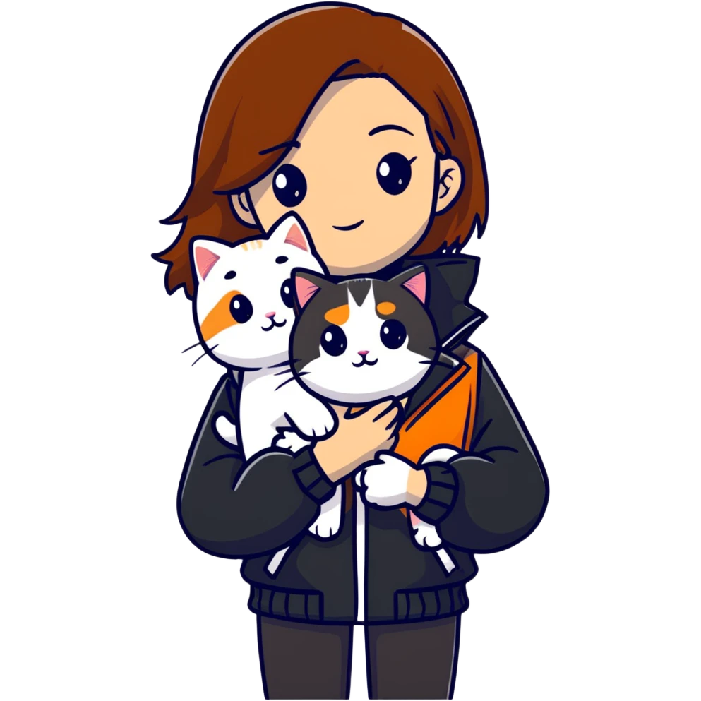 Light-skinned girl with brown straight hair wearing a black jacket, holding one pure white cat and one calico cat with orange black patches emoji