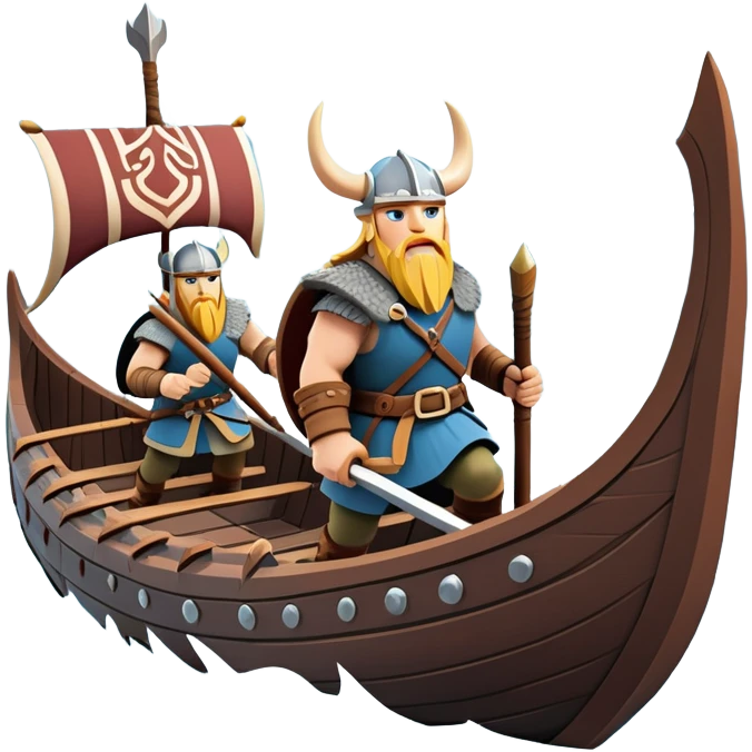 clash-of-clans-aesthetic_-cinematic-viking-longboat, rendered in a flat, bold vector style with minimal shading, featuring a striking dragon-headed prow slicing through icy, churning waters. shields on the side and vikings rowing The longboat’s intricately detailed shields and carved motifs evoke a sense of epic adventure and Nordic might, with billowing sails catching a dramatic, stormy sky backdrop. emoji