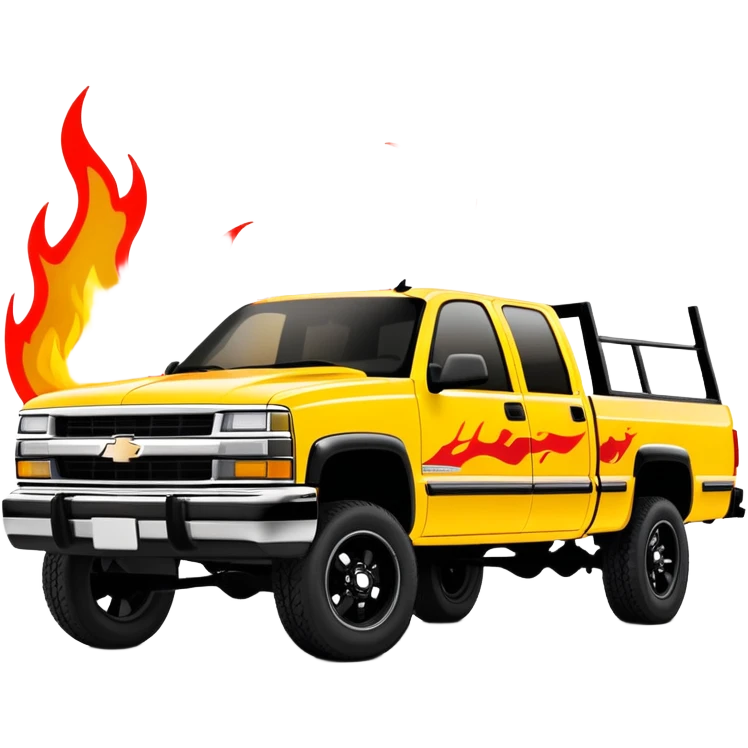 Yellow 1997 Chevrolet C-2500 Crew Cab Silverado with accurate red flame decal printed on the hood, exactly as seen in Kill Bill movie, 30-degree view showing detailed flame graphics, iOS emoji style emoji