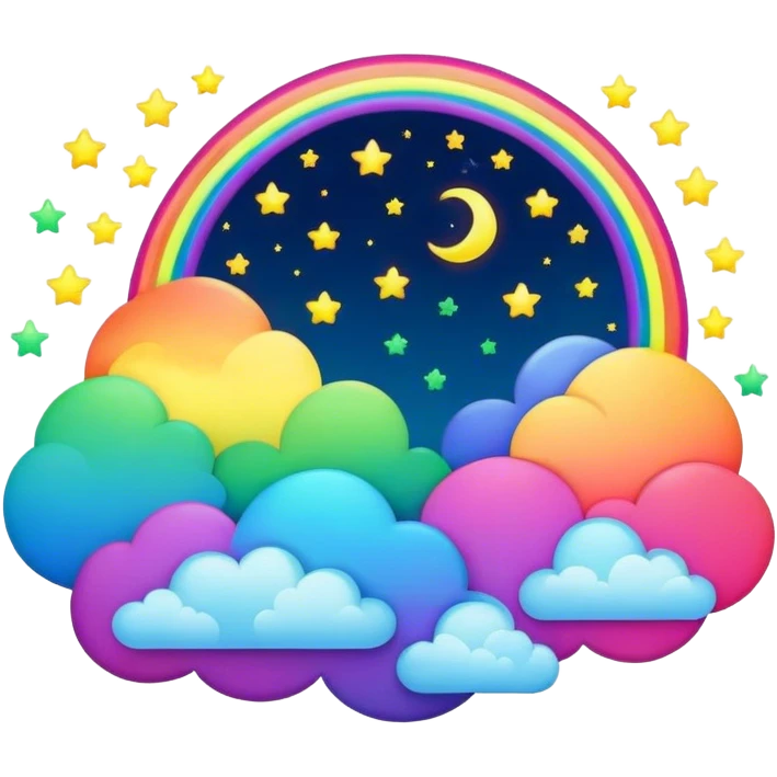 Neon rainbow colored damask style full moon with stars and clouds emoji