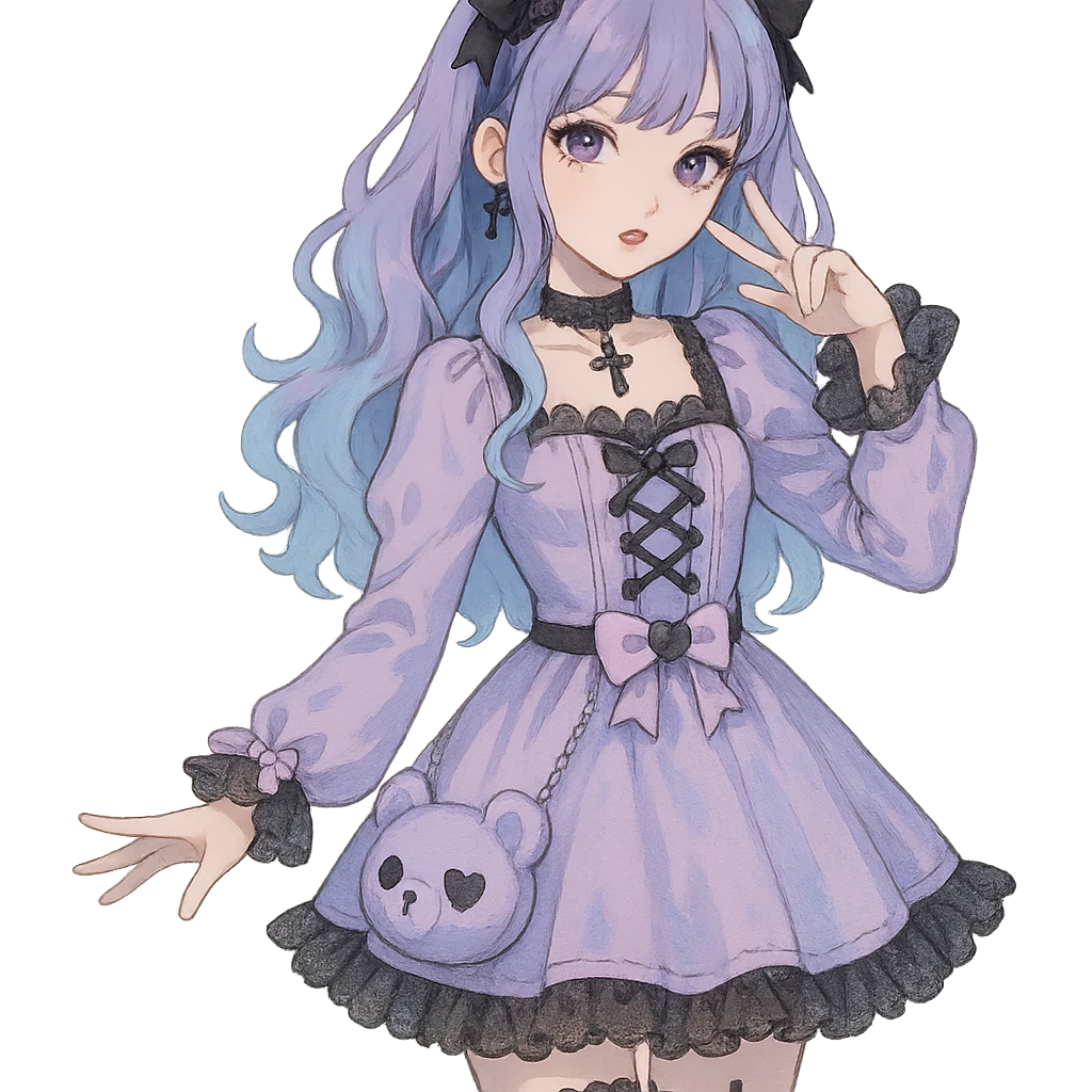 gothic K-pop girl, dreamy pastel goth style, soft colors with gothic details, whimsical pose, cute accessories emoji