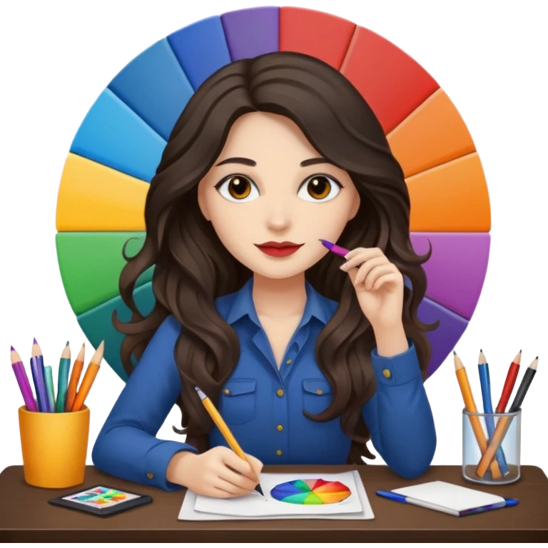 female dark wavy long hair graphic designer , color wheel, pens, papers, desktop emoji