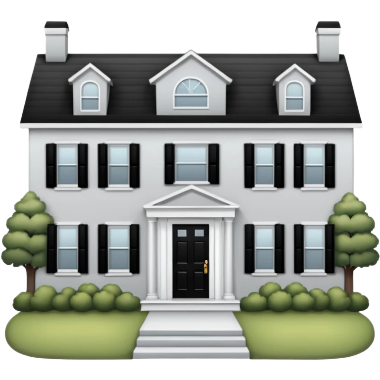 light gray colonial house with black shutters and black front door emoji