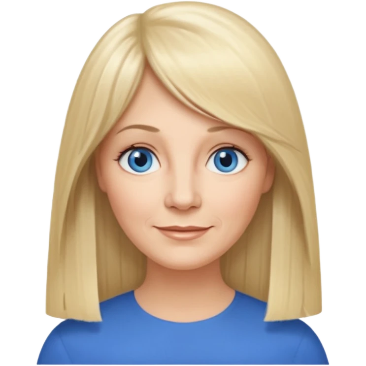 50 yr old white woman, curtain bangs, very long straight blond hair, oval face, small smile, blue eyes, thin face, hair downback, hair parted at center of head, round cheeks, pale, longer hair emoji