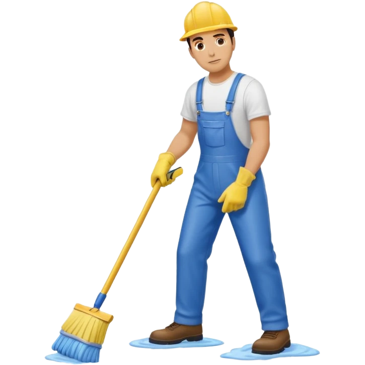 Custodian with yellow rubber gloves, white T-shirt, blue overalls, mopping floor emoji