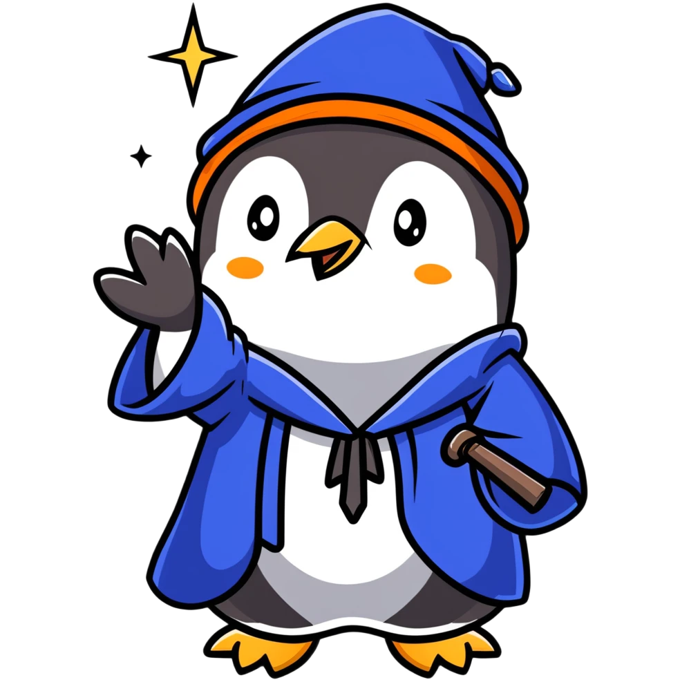 A penguin in a blue wizard robe and pointy hat with stars, casting a magical spell emoji
