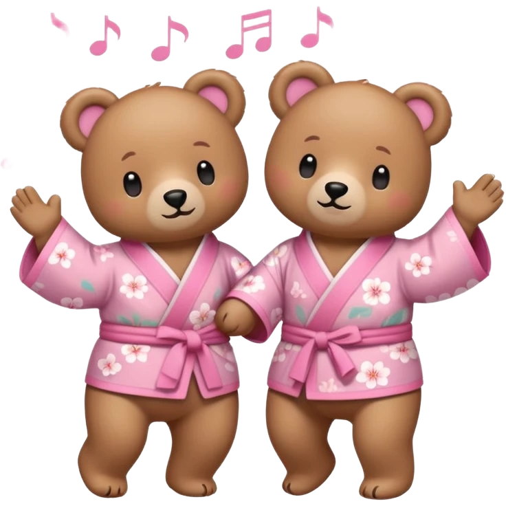 Two cute light-brown bears wearing pastel pink sakura-patterned kimonos, normal balanced body ratio.  
Holding hands and dancing happily together with music note icons and joyful movement lines.  
Kawaii emoji style, minimalistic clean sticker illustration, white background. emoji