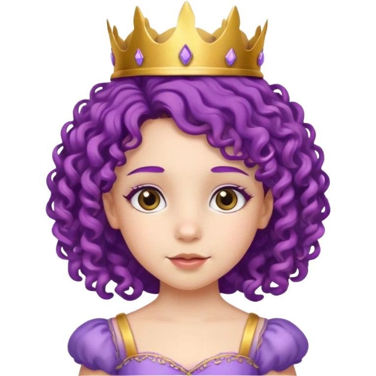 Princesses kid girl, with Gold Crown and flower on purple curly hair, with white dress emoji
