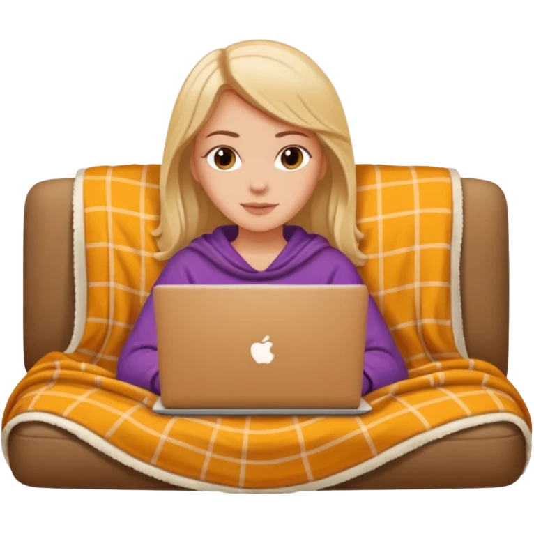 A white girl lies on a sofa under a blanket with a laptop emoji