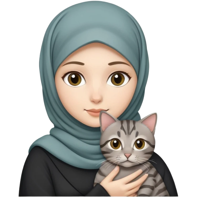 White girl wearing  hijab holding a black grey tabby cat emoji